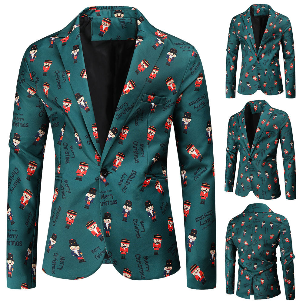 Men's Christmas Vintage Print Blazer #X44 - Blazers | Olive Green / M