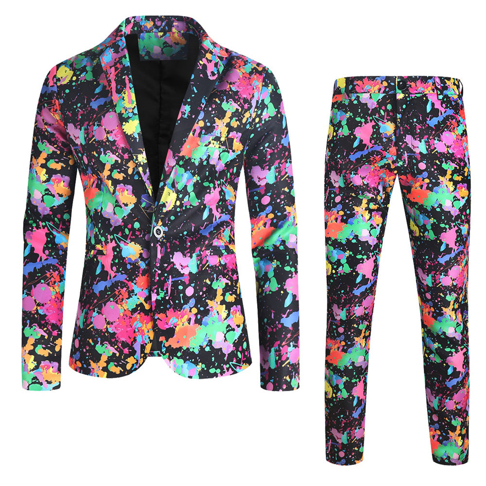 Men's Graffiti Paint Splash Suit Set | Artistic Party Blazer & Pants - Suits | Multicolour / M