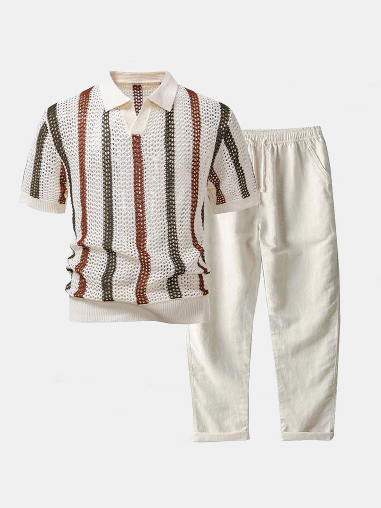 Striped Crochet V Neck Polo & Straight Leg Linen Pants
