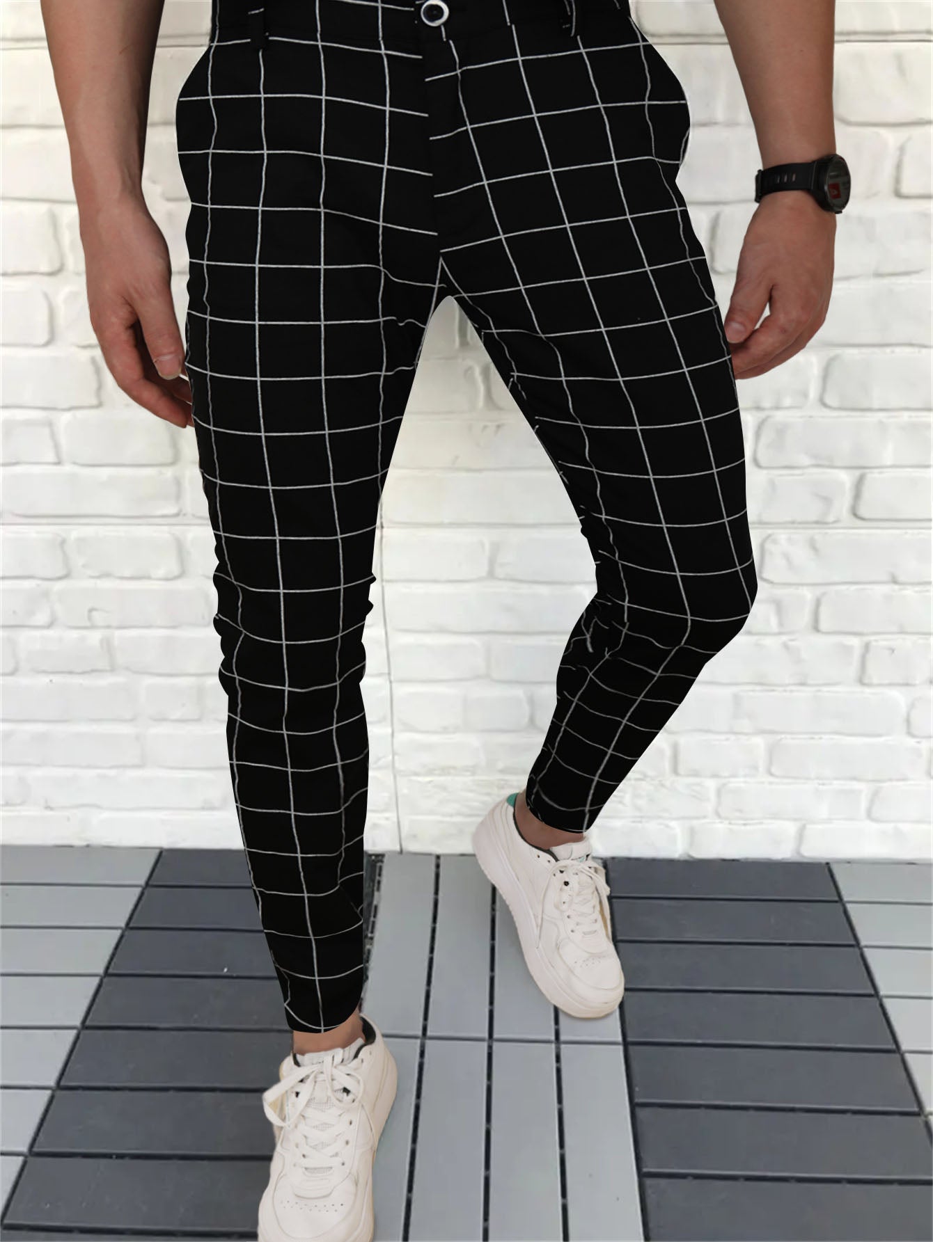 Men's Elegant Plaid Pants #XK6001 - Pants | White / S