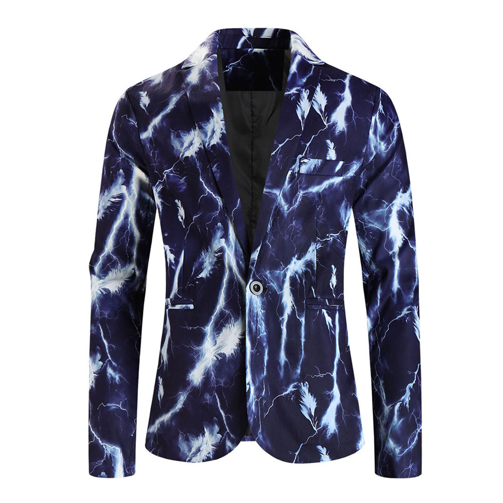 Men’s Electric Lightning Print Blazer – Bold Thunderstorm Suit Jacket - Blazers | Navy Blue / M