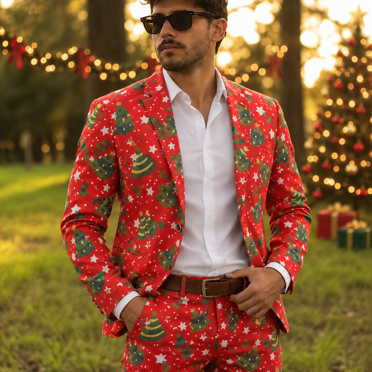 Christmas Tree & Star Patterned Red Suit