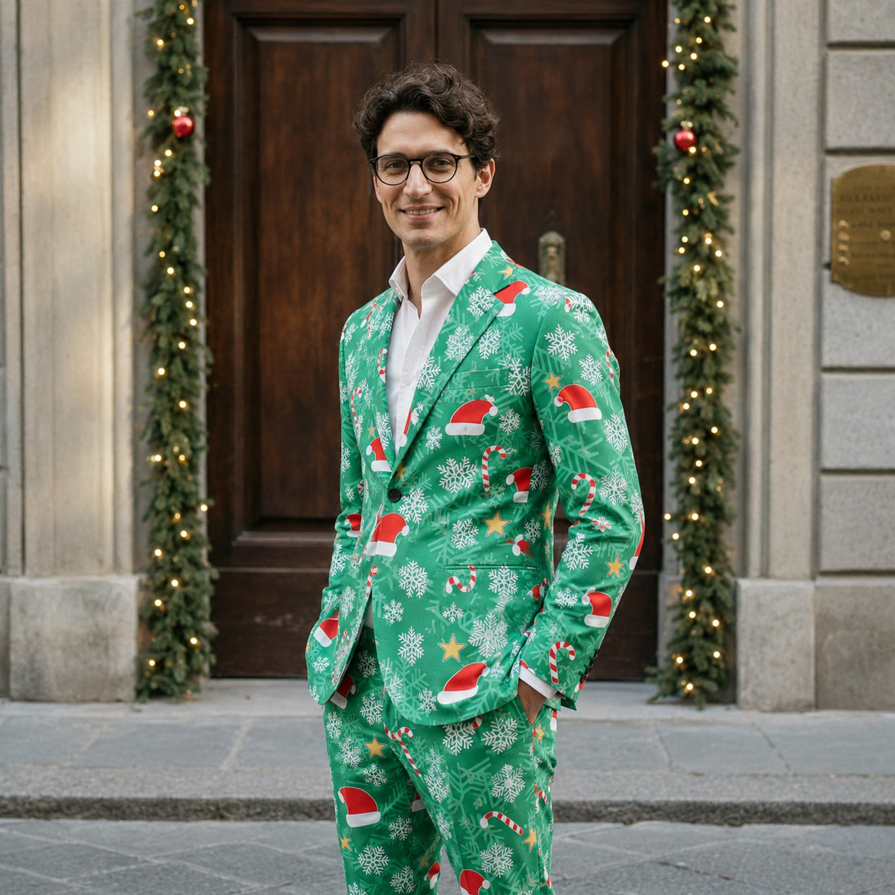 Men's green Christmas print suit set featuring snowflakes and Santa hat patterns by WISHOLIC