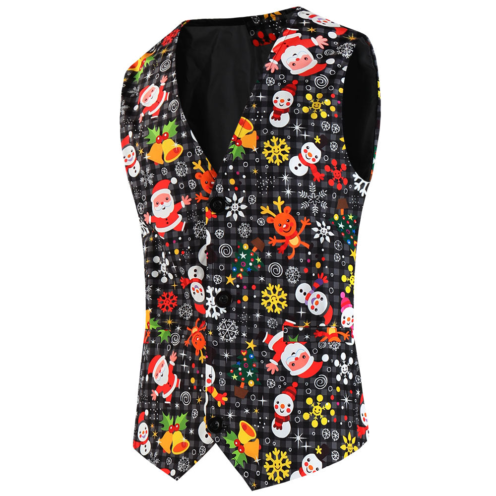 Men's Christmas Printed Vest Suit Festive Waistcoat Office Party Holiday Formal Dress Outfit