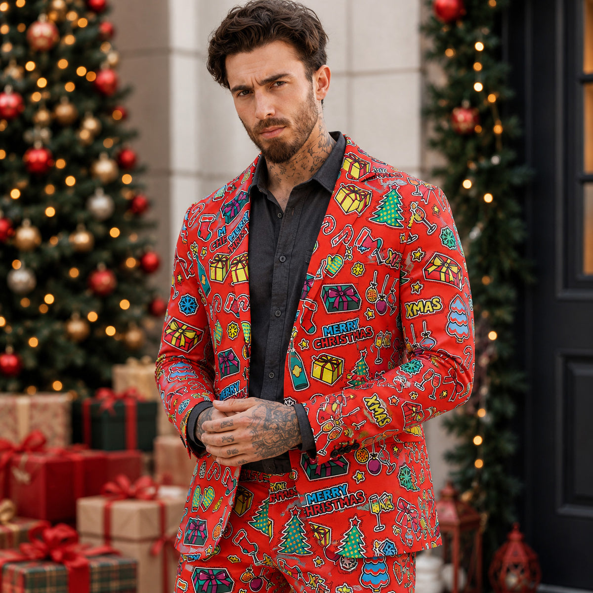 Vibrant Red Christmas Graffiti Printed Suit