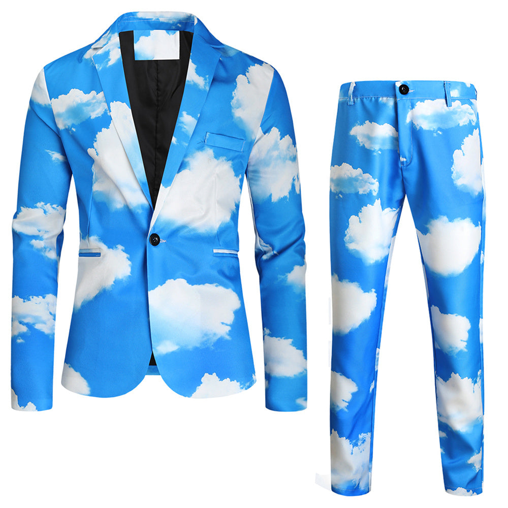 Men's Sky Cloud Print Suit Set – Unique Blue Party Blazer & Pants for Bold Style - Suits | Blue / M