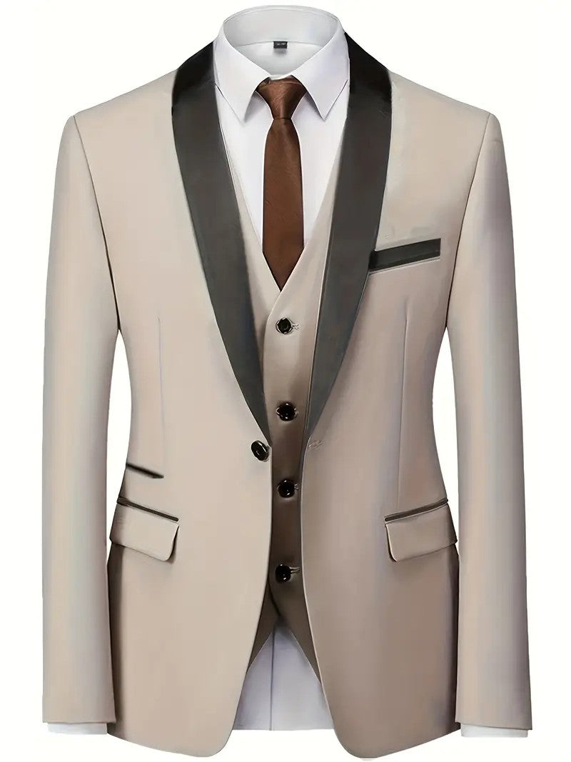 Men's Three Piece Suit Wedding Groom Formal Wear - | Beige / XS