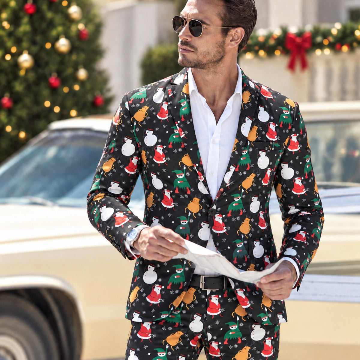 Black Santa Snowman Elf Print Christmas Suit