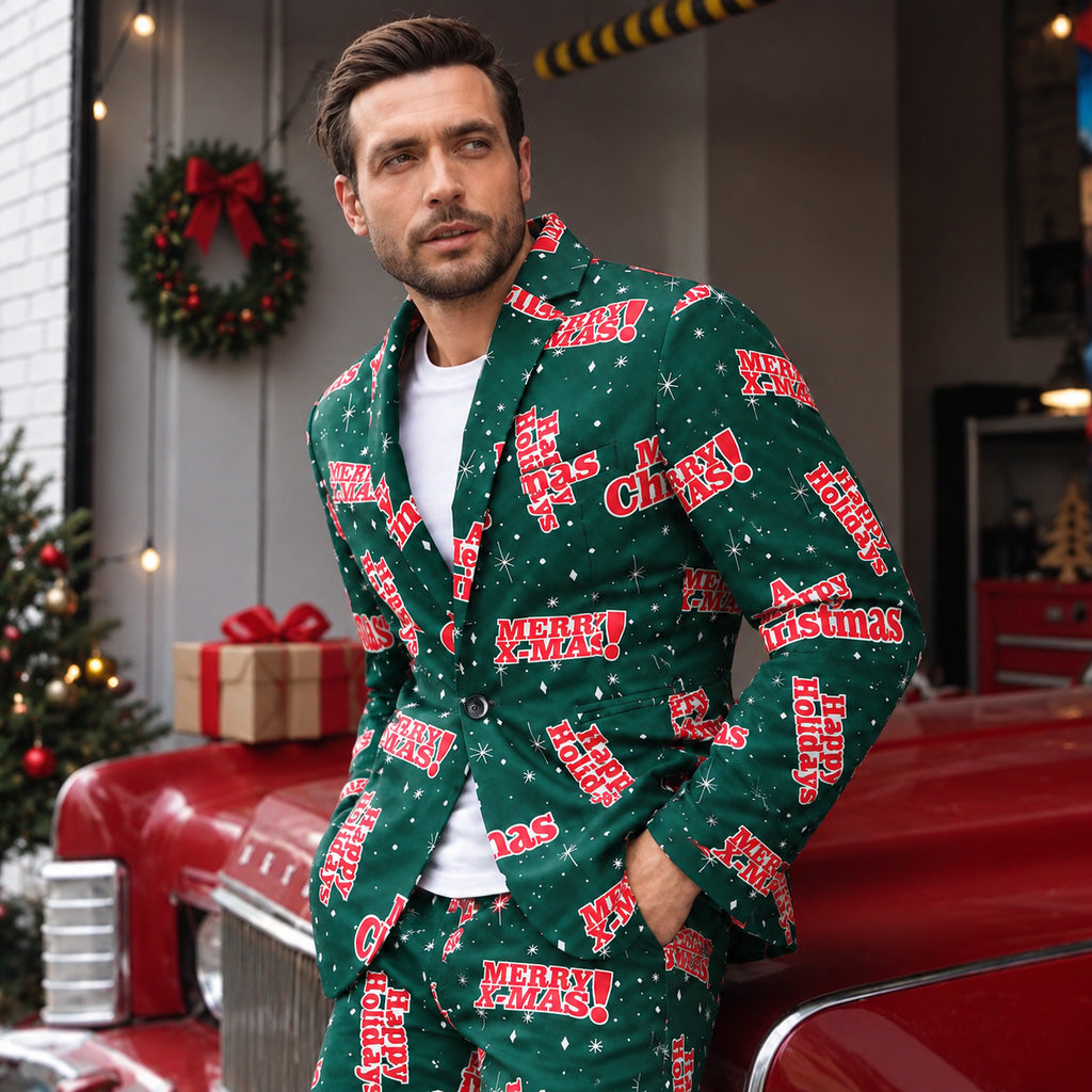 Green "Merry Xmas" Letter Print Christmas Suit