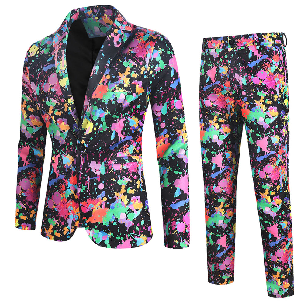 Men's Graffiti Paint Splash Suit Set | Artistic Party Blazer & Pants - Suits | Multicolour / M