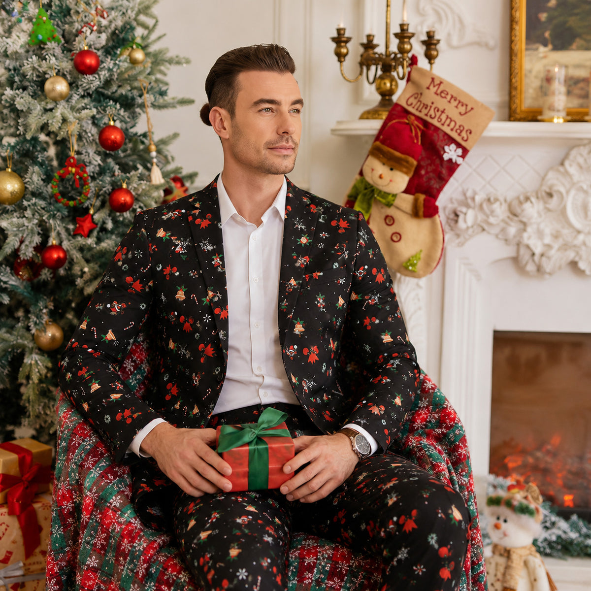 Black Festive Pattern Christmas Suit