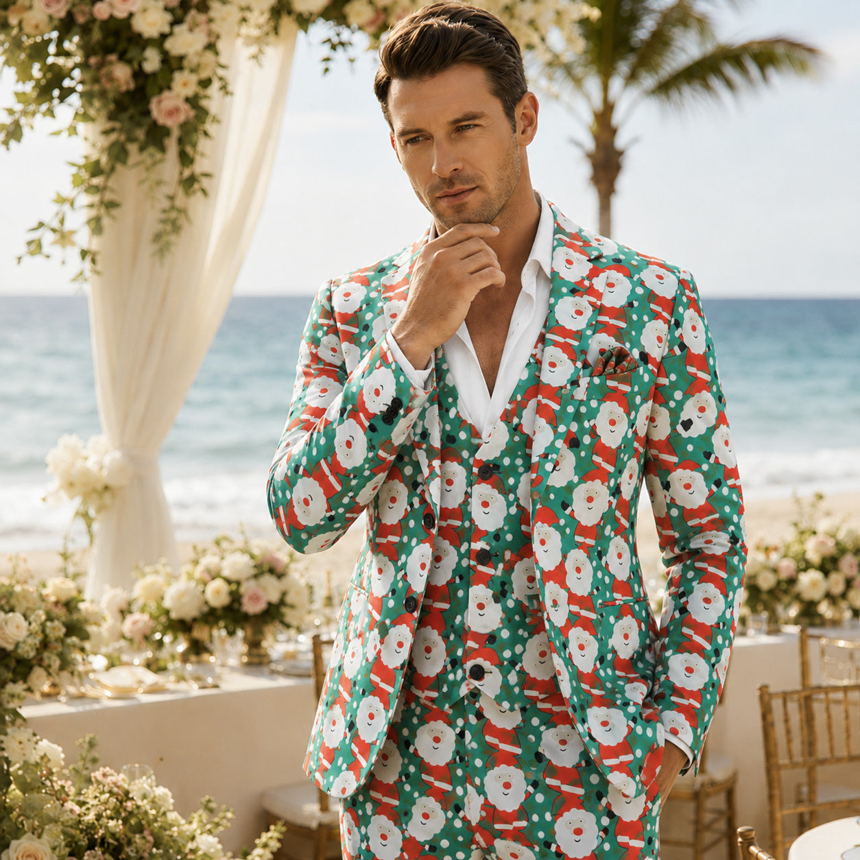 Men's green Santa Claus printed 3-piece suit set featuring a matching vest and jacket by WISHOLIC