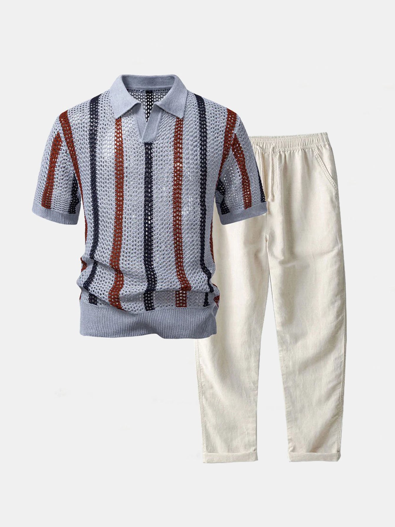 Striped Crochet V Neck Polo & Straight Leg Linen Pants