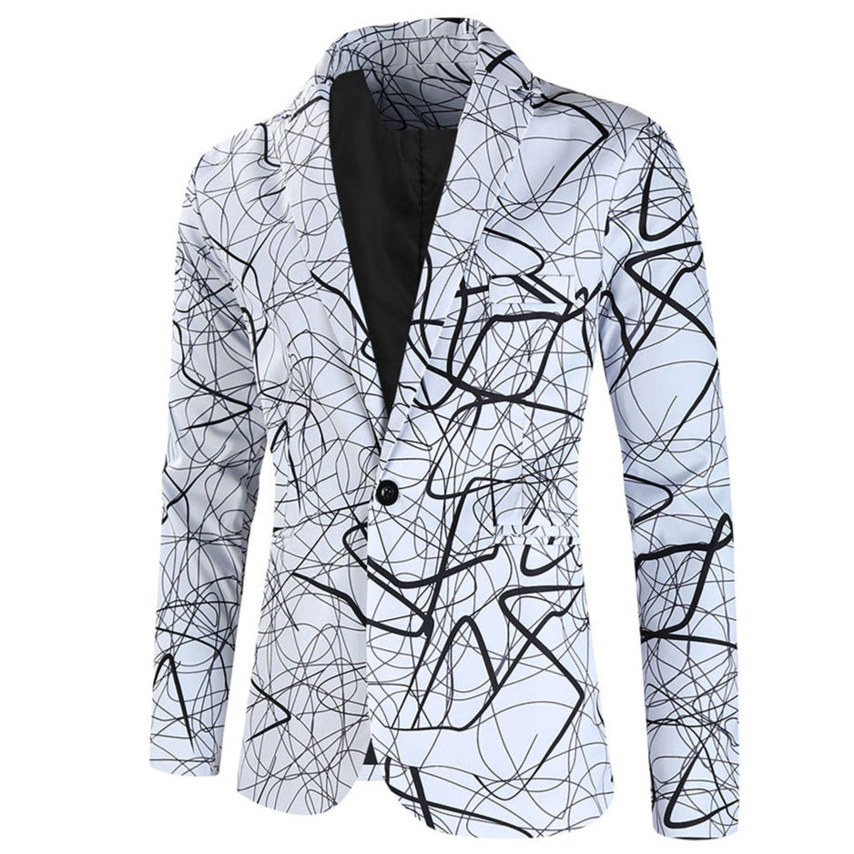 Men's White Abstract Line Print Blazer - Modern Art-Inspired Suit Jacket - Blazers | White / M