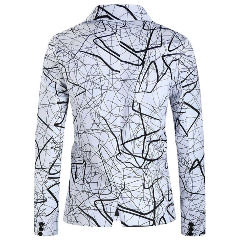Men's White Abstract Line Print Blazer - Modern Art-Inspired Suit Jacket - Blazers | White / M