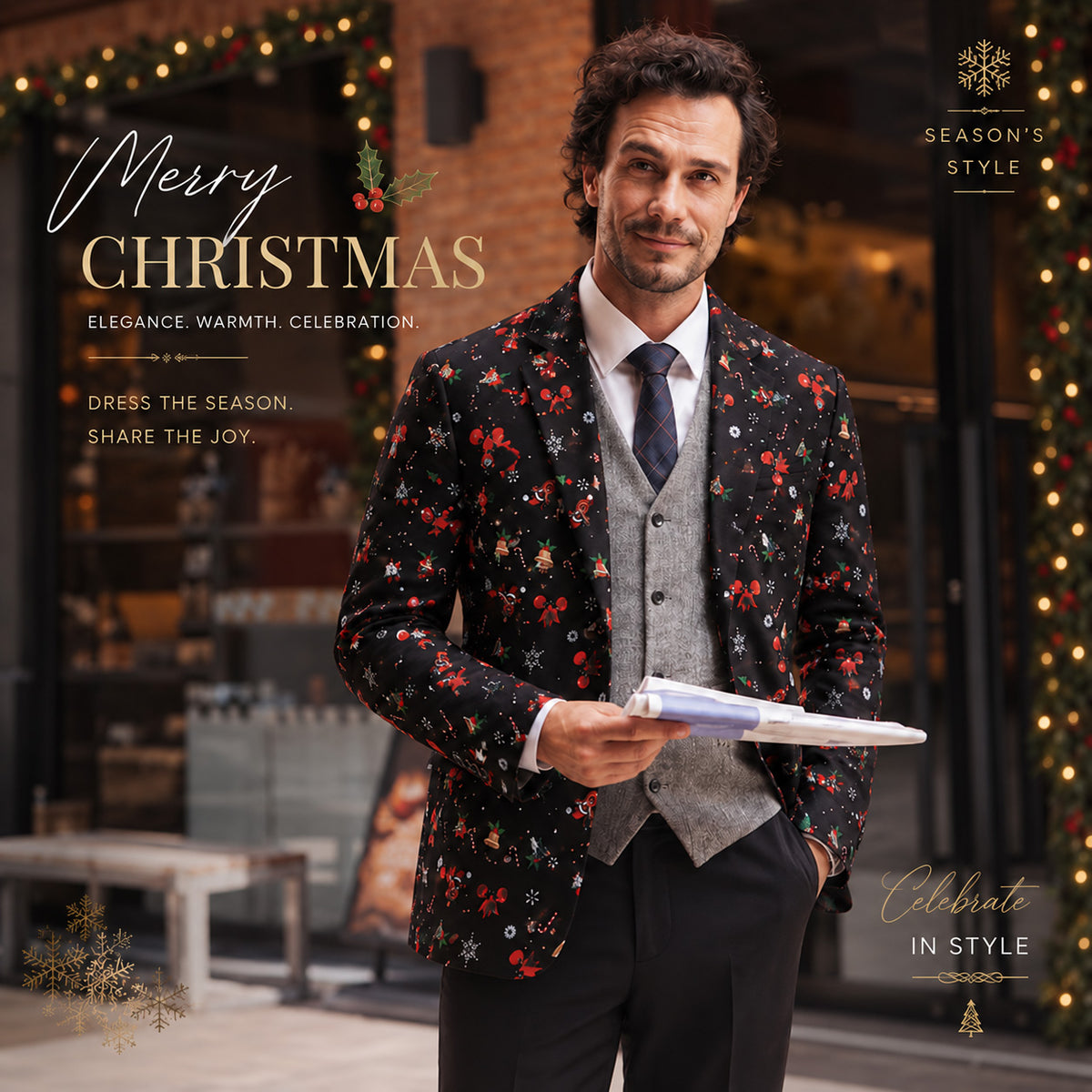 Black Festive Pattern Christmas Suit
