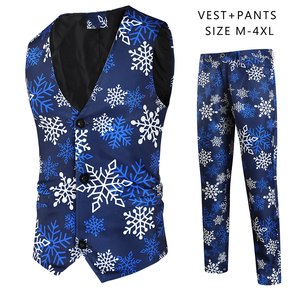 Men's Snowflake Print Vest Suit #2TZMK36 - Suits | Blue / M