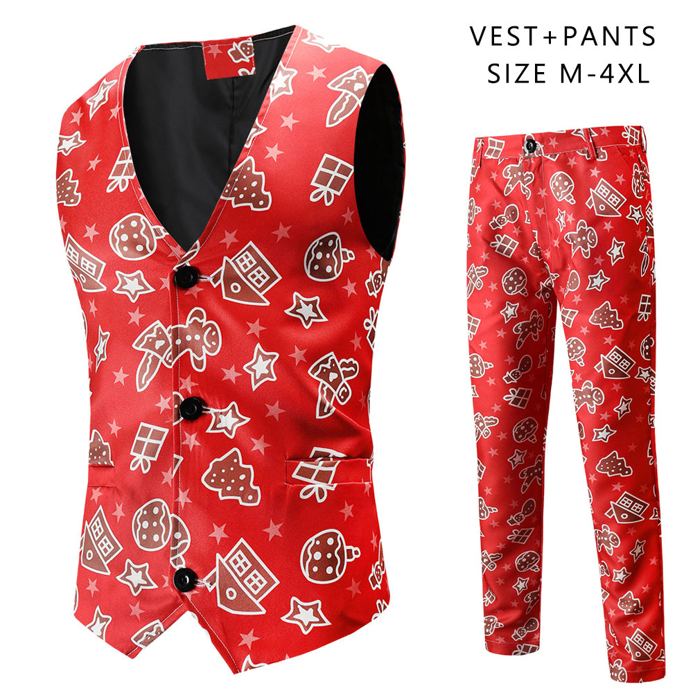 Men's Fashion Printed Vest Suit #2TZMK51 - Suits | Burgundy / M