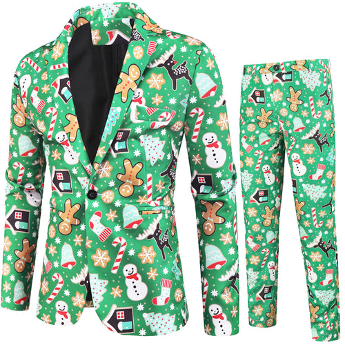 Men's Christmas Bold Print Suit #2TZ31 - Suits | Green / M