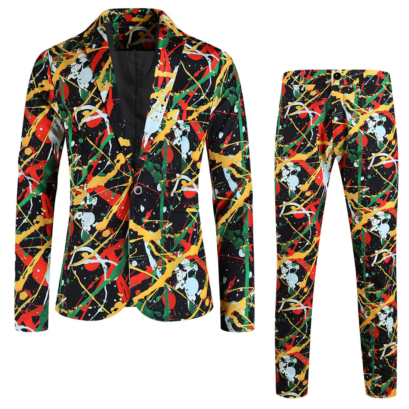 Men's Graffiti Paint Splash Suit Set | Bold Artistic Party Blazer & Pants - Suits | White / M