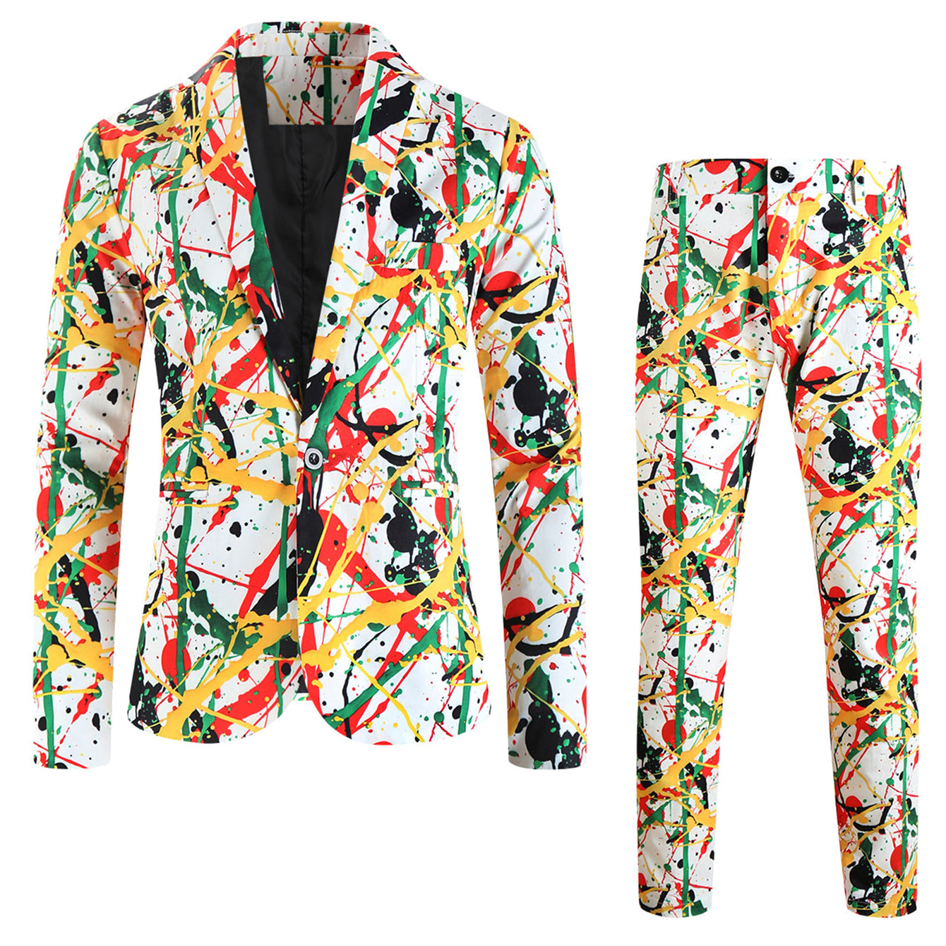 Men's Graffiti Paint Splash Suit Set | Bold Artistic Party Blazer & Pants - Suits | White / M