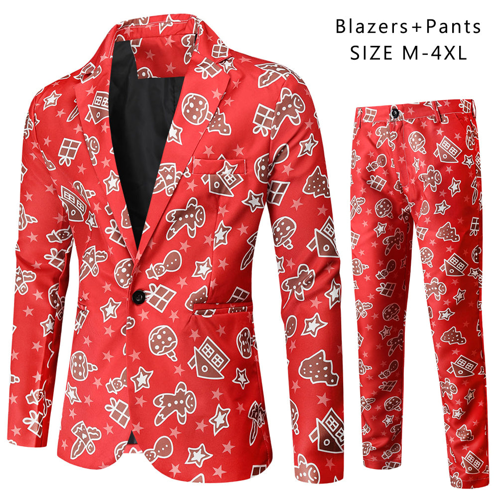 Men's Stylish Christmas Print Suit #2TZ51 - Suits | Burgundy / M