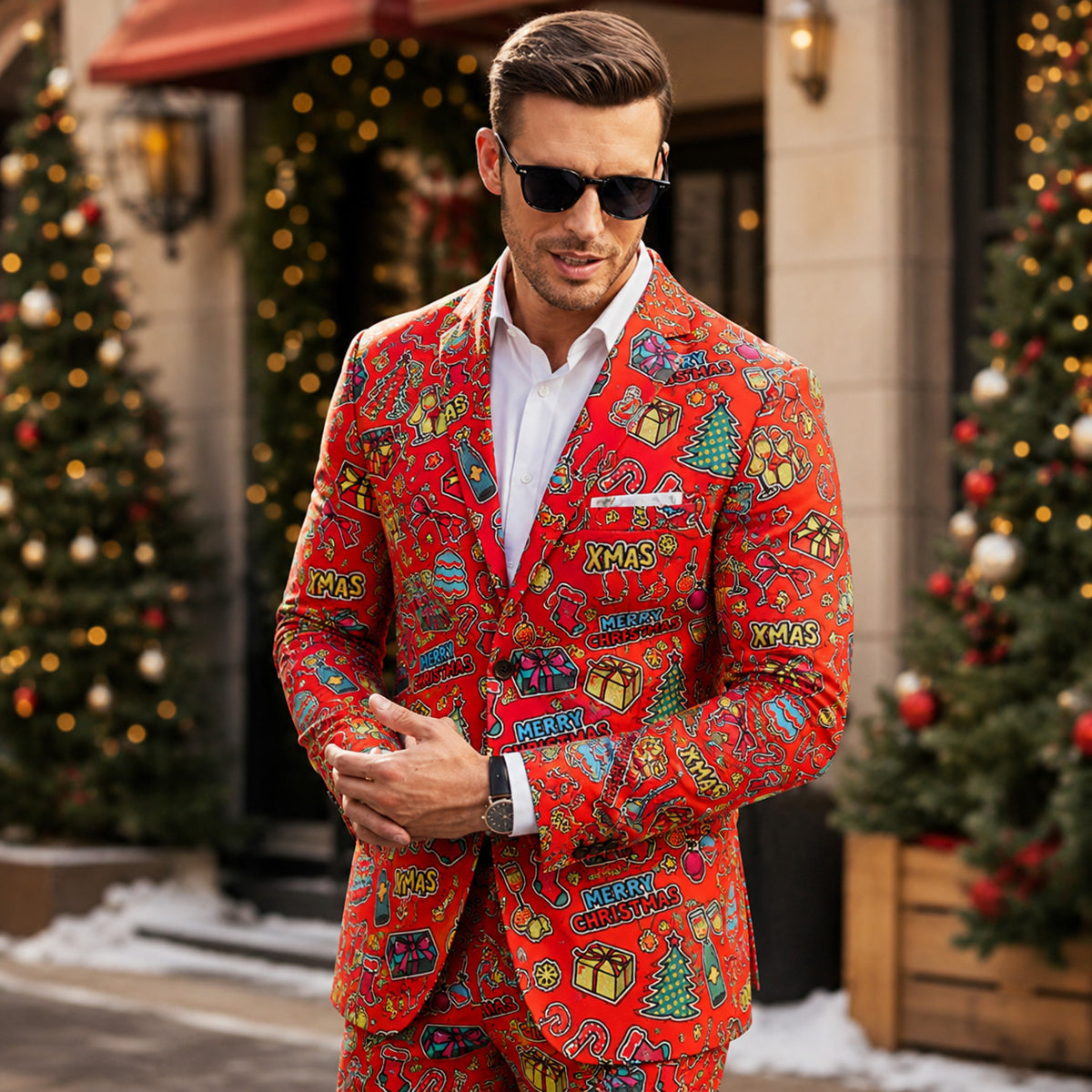 Vibrant Red Christmas Graffiti Printed Suit