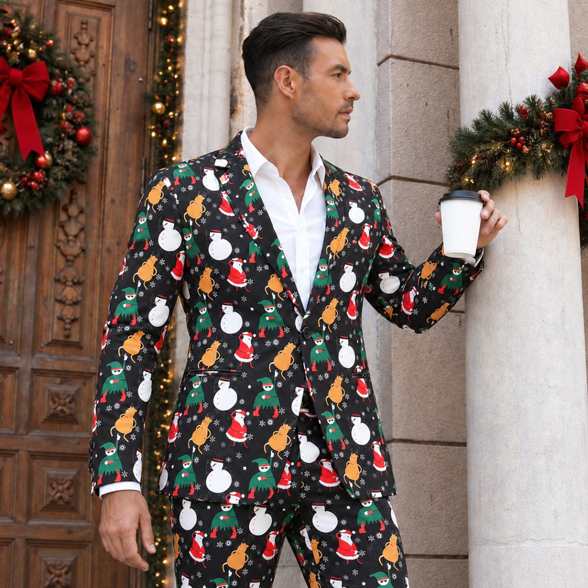 Black Santa Snowman Elf Print Christmas Suit