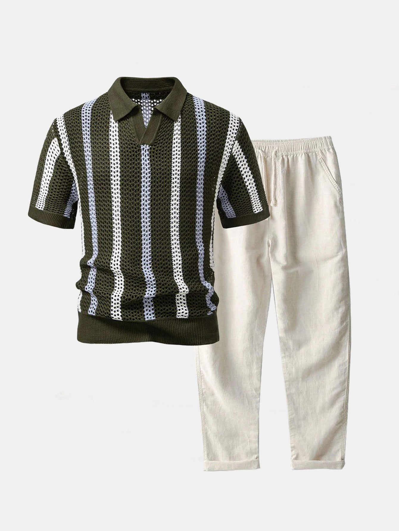 Striped Crochet V Neck Polo & Straight Leg Linen Pants