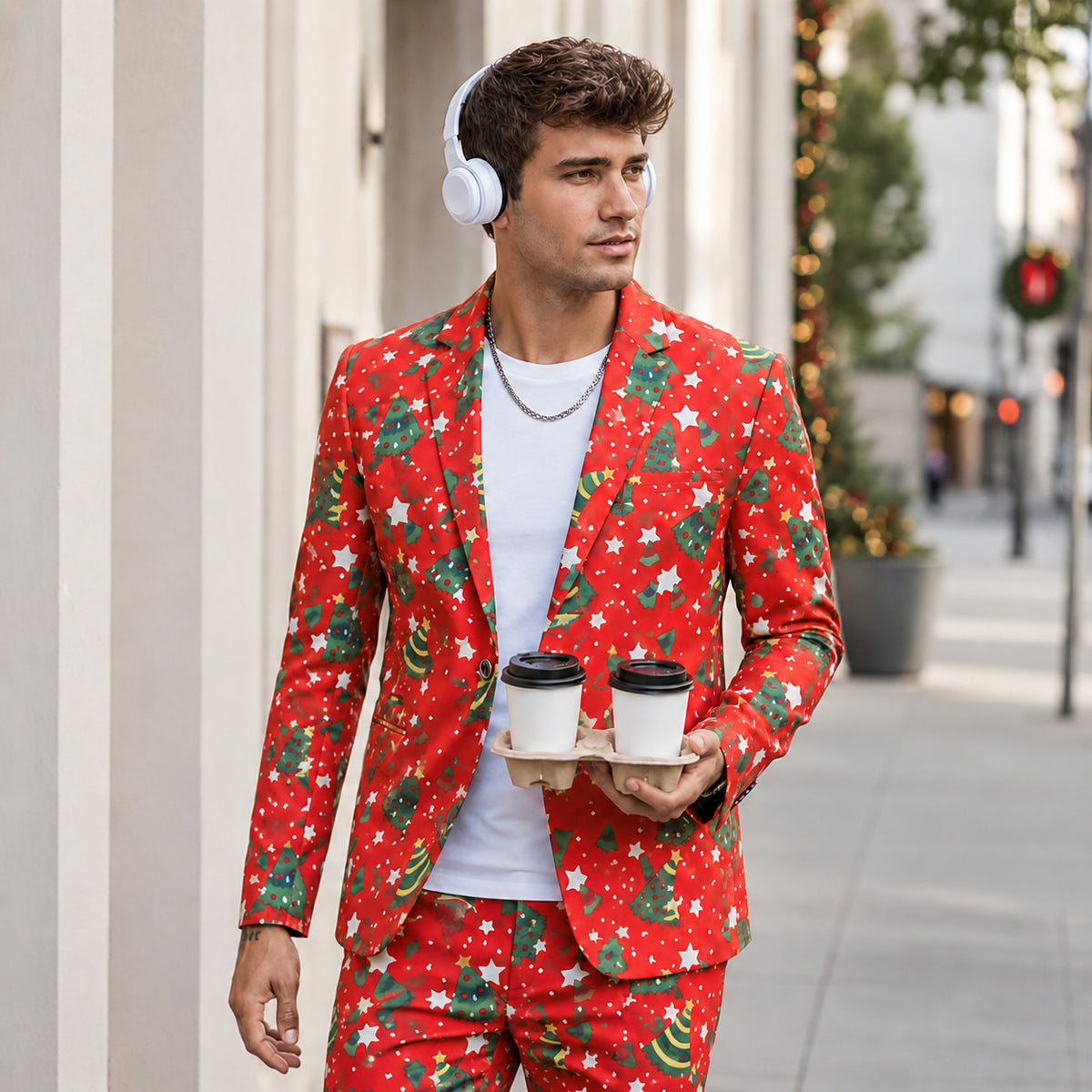 Christmas Tree & Star Patterned Red Suit