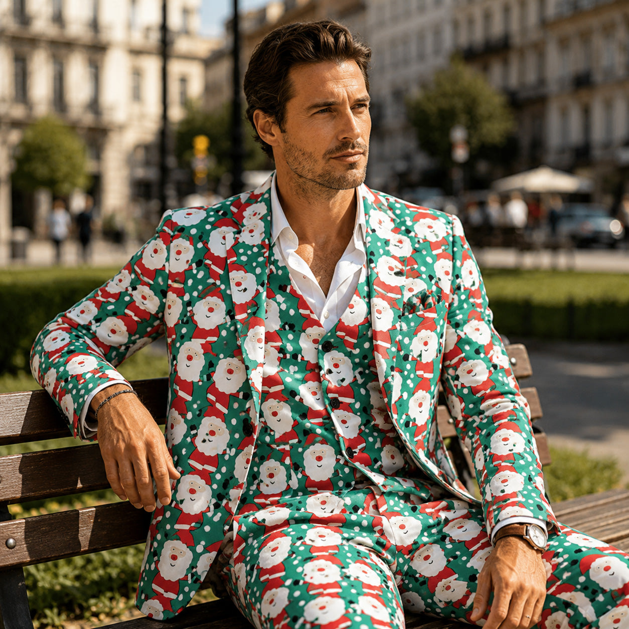 Stylish man sitting on a park bench wearing a green Santa Claus pattern printed suit by WISHOLIC