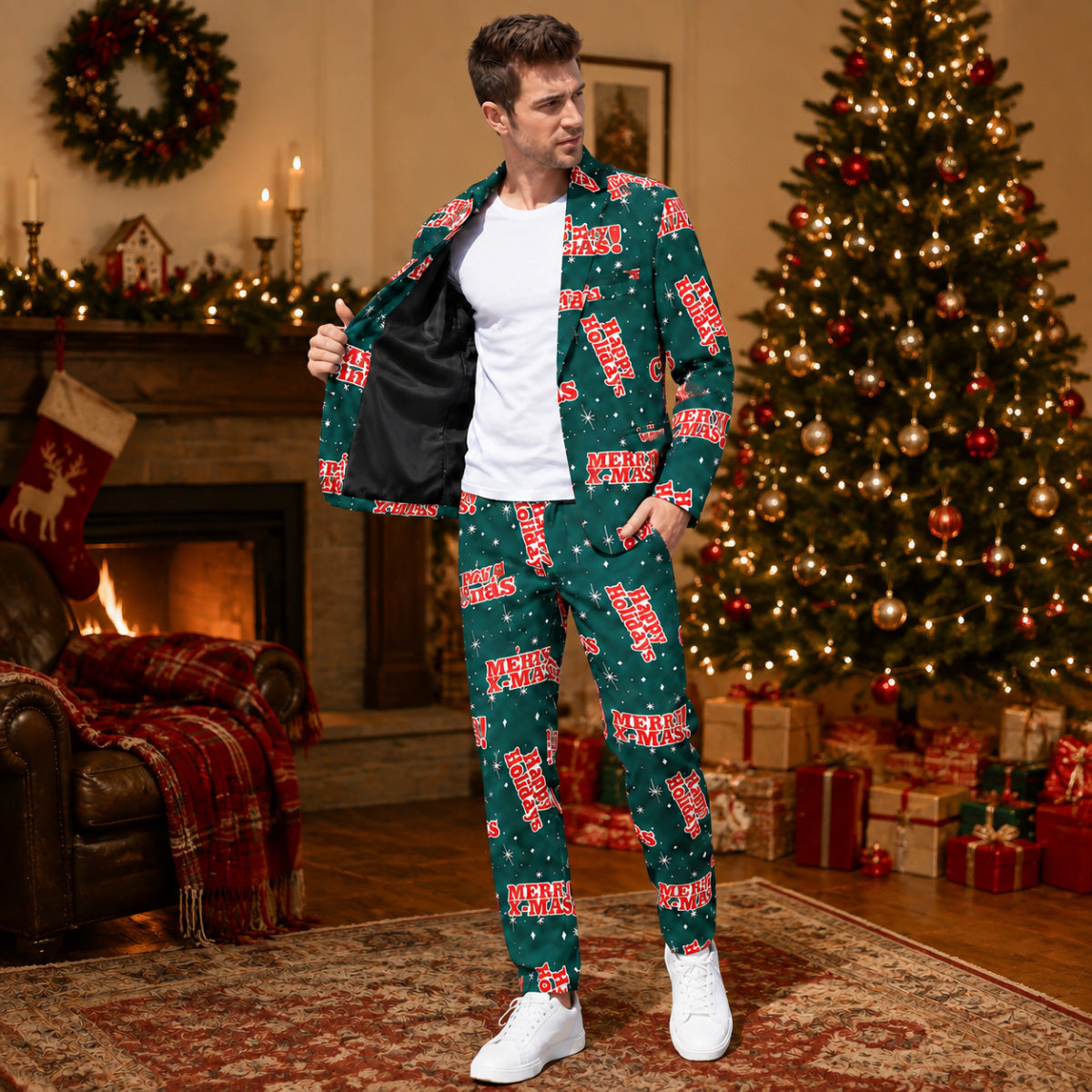 Green "Merry Xmas" Letter Print Christmas Suit