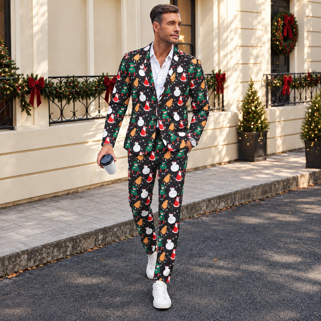 Black Santa Snowman Elf Print Christmas Suit