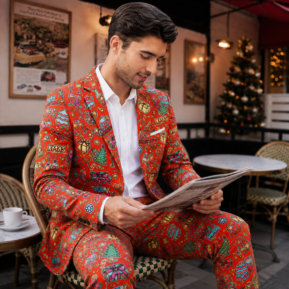 Vibrant Red Christmas Graffiti Printed Suit