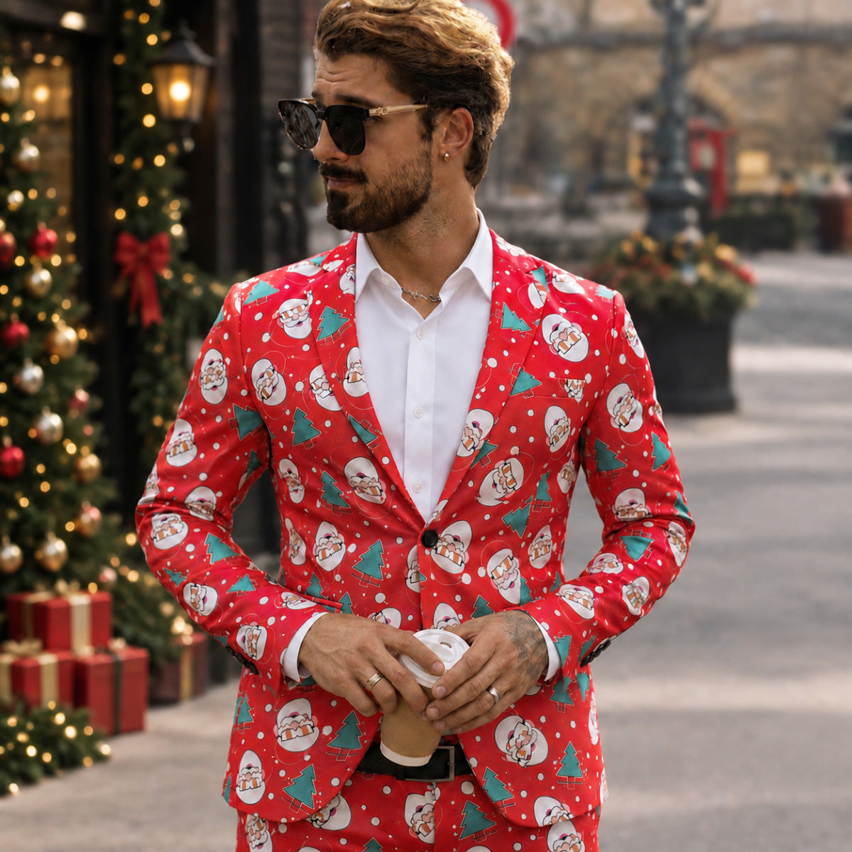 Red Santa Print Christmas Suit