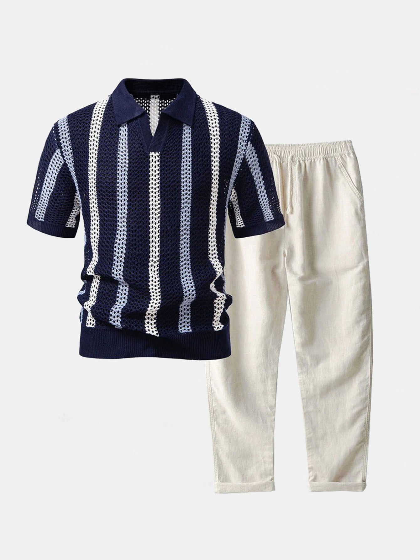 Striped Crochet V Neck Polo & Straight Leg Linen Pants