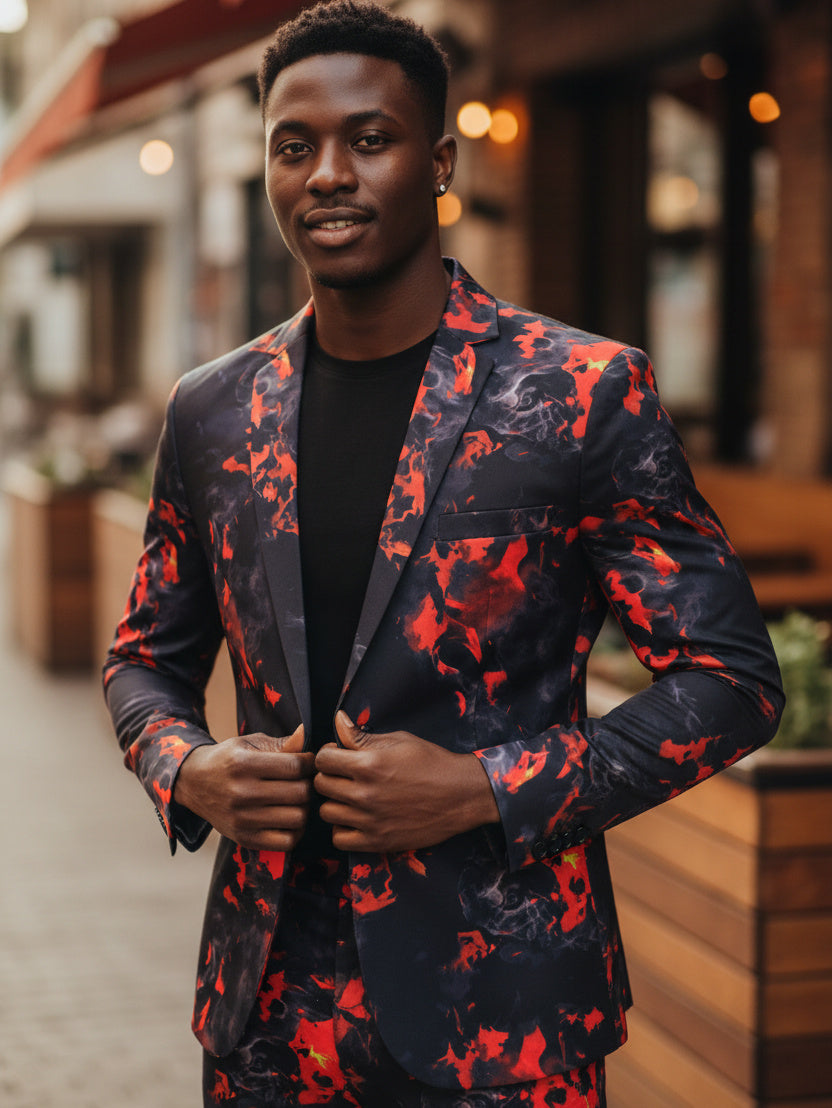 Black Flame Print Suit Set