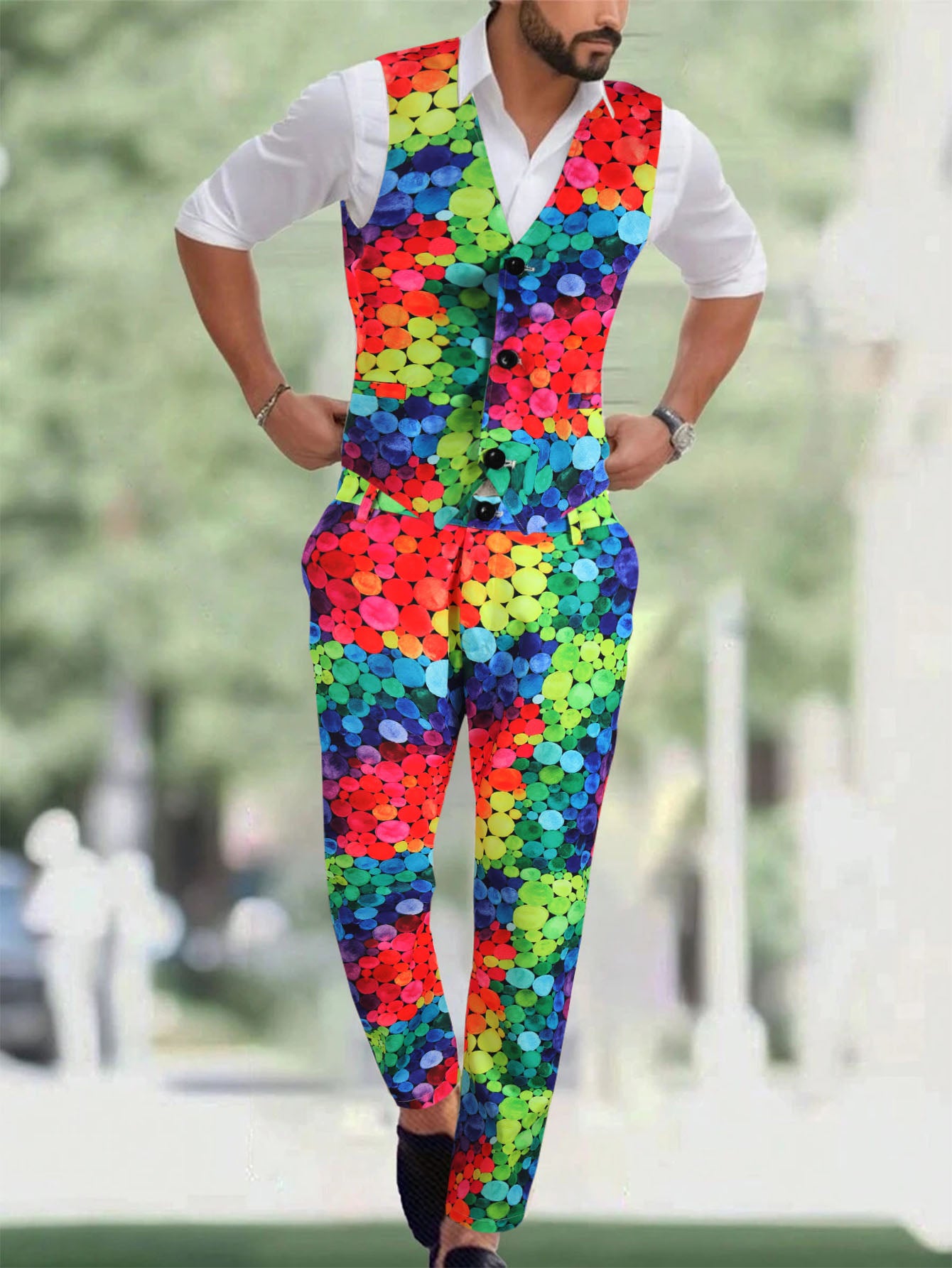 Men's Colorful Printed Vest Suit - Vests | Multicolour / M