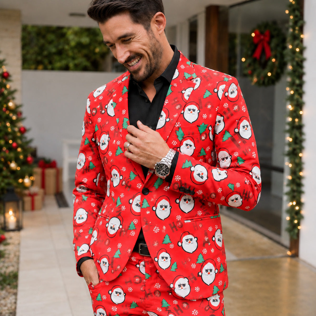 Red Santa Print Christmas Suit
