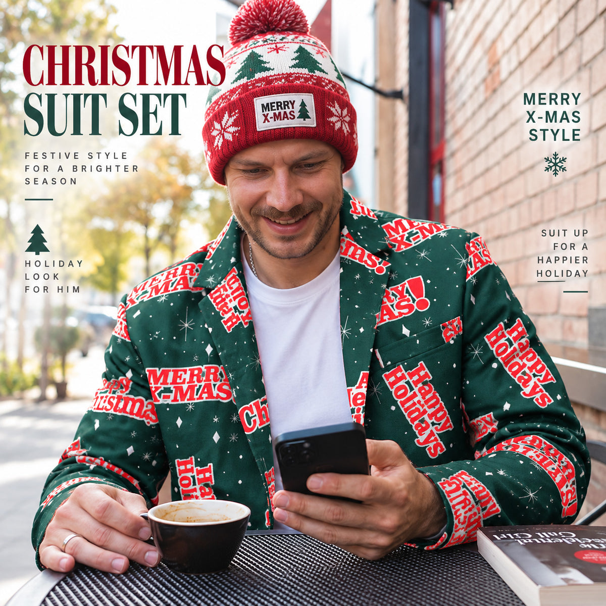 Green "Merry Xmas" Letter Print Christmas Suit