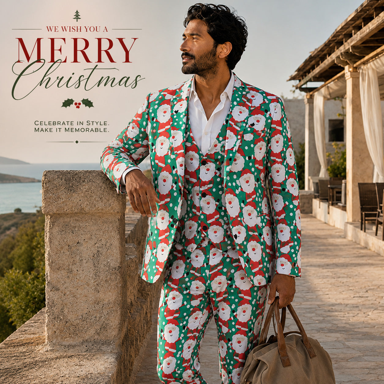 Merry Christmas holiday banner featuring a handsome man in a green Santa printed 3-piece suit by WISHOLIC