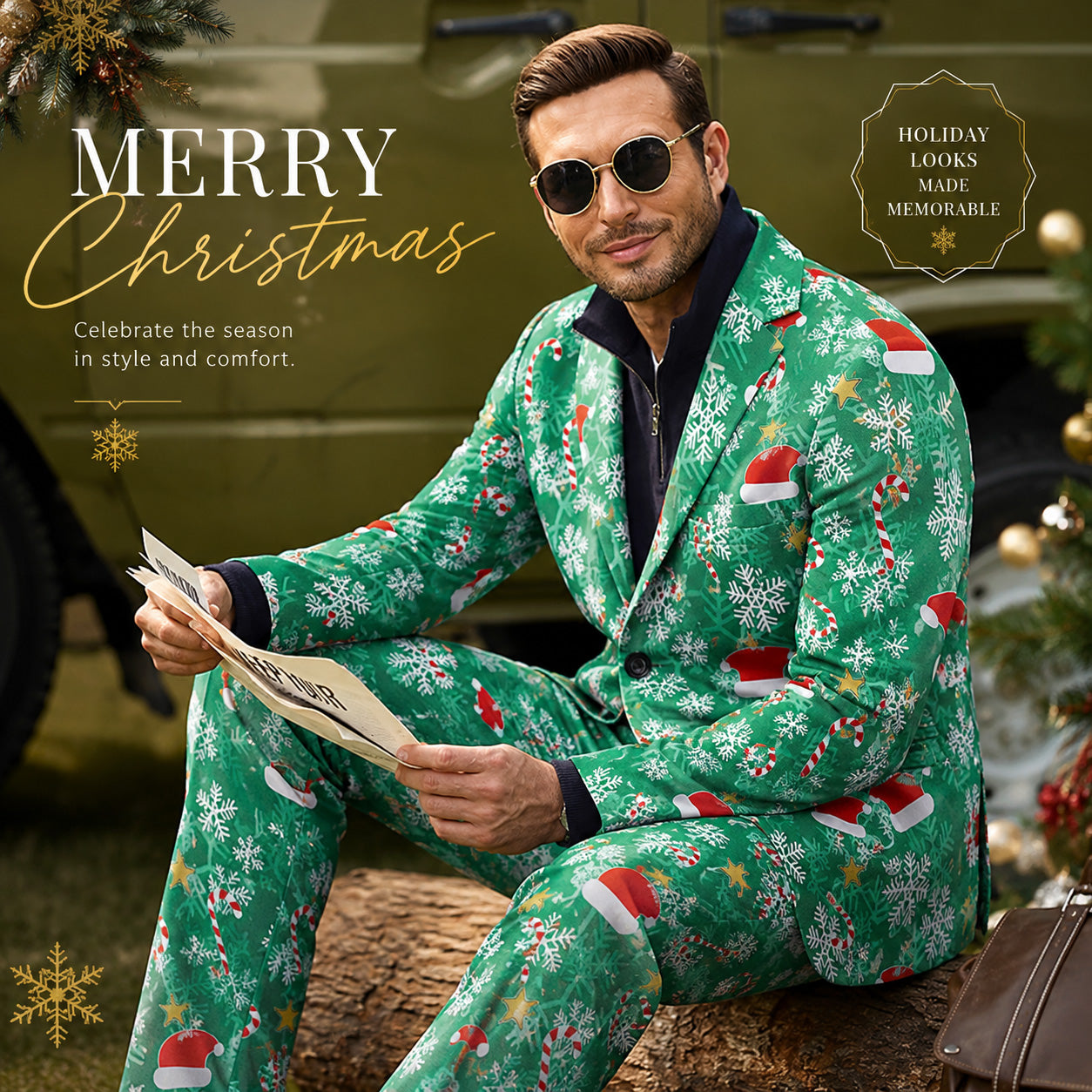 Stylish man wearing green Christmas printed suit with sunglasses outdoors | WISHOLIC