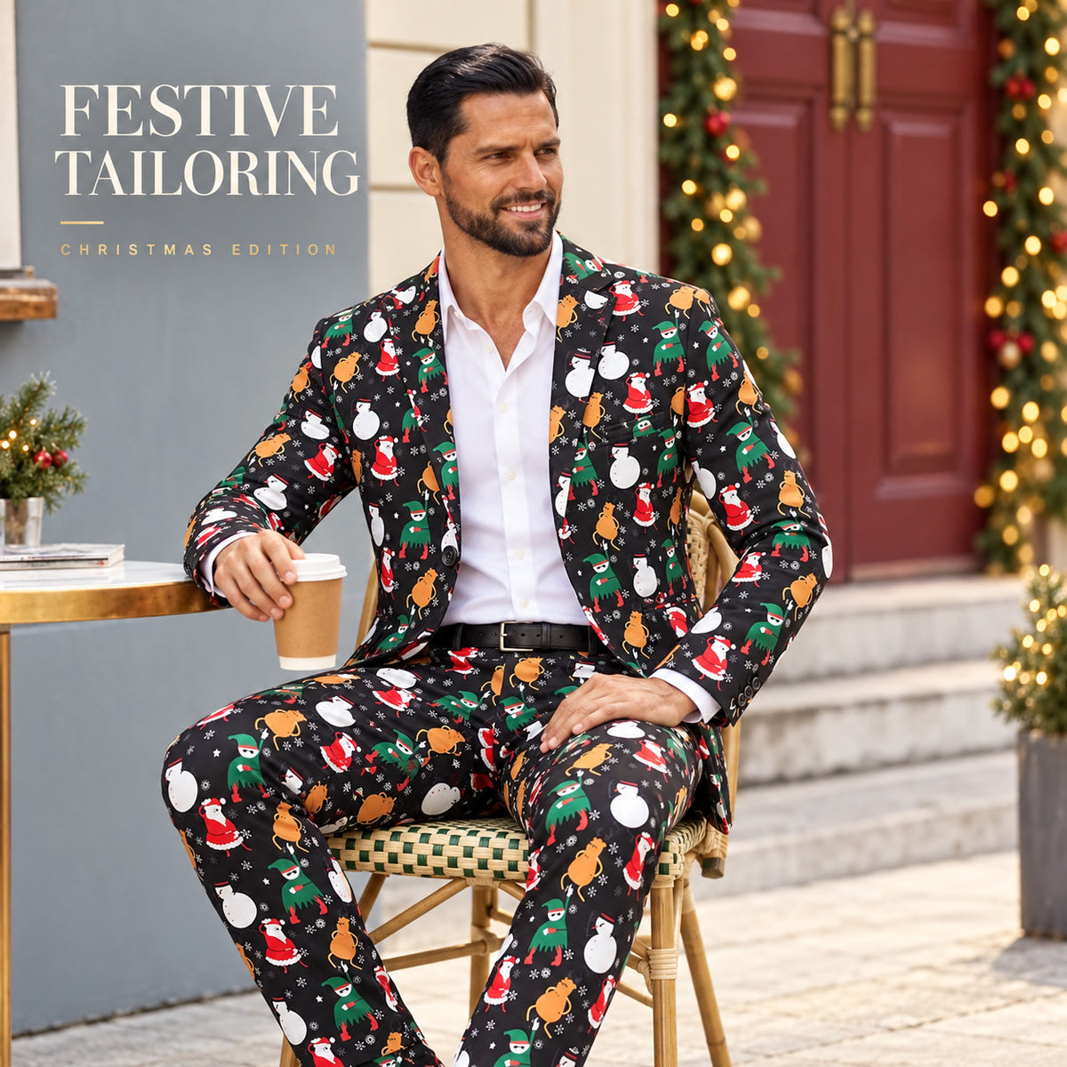 Black Santa Snowman Elf Print Christmas Suit