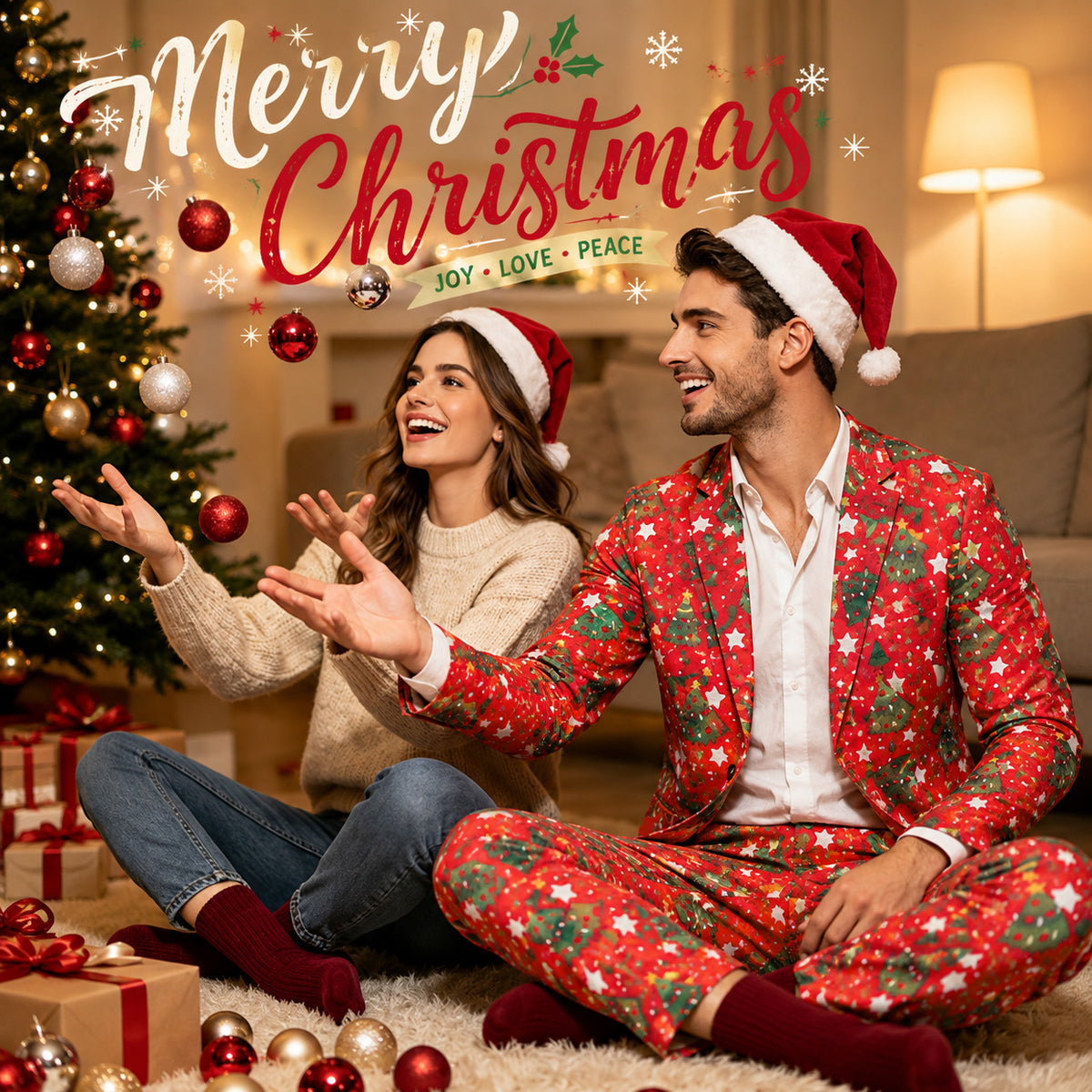 Christmas Tree & Star Patterned Red Suit