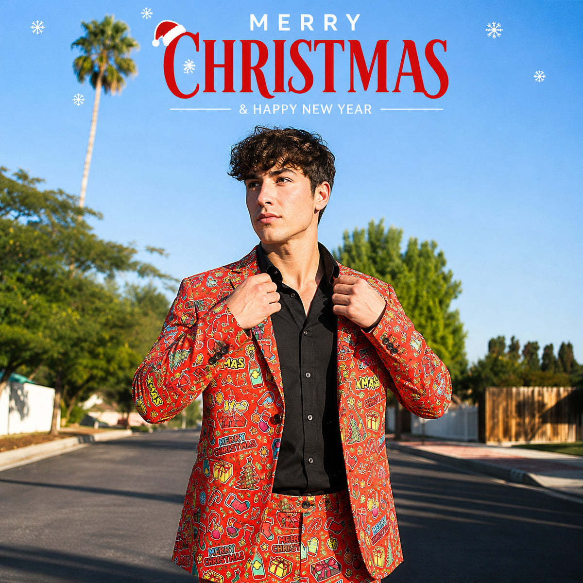 Vibrant Red Christmas Graffiti Printed Suit