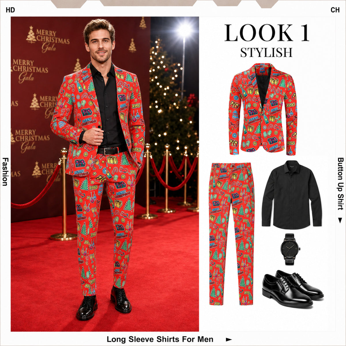 Vibrant Red Christmas Graffiti Printed Suit