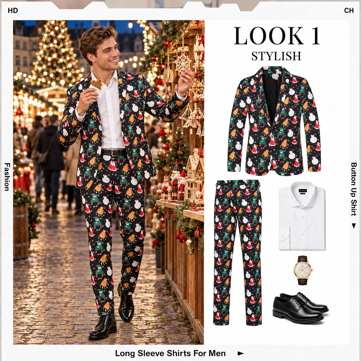 Black Santa Snowman Elf Print Christmas Suit