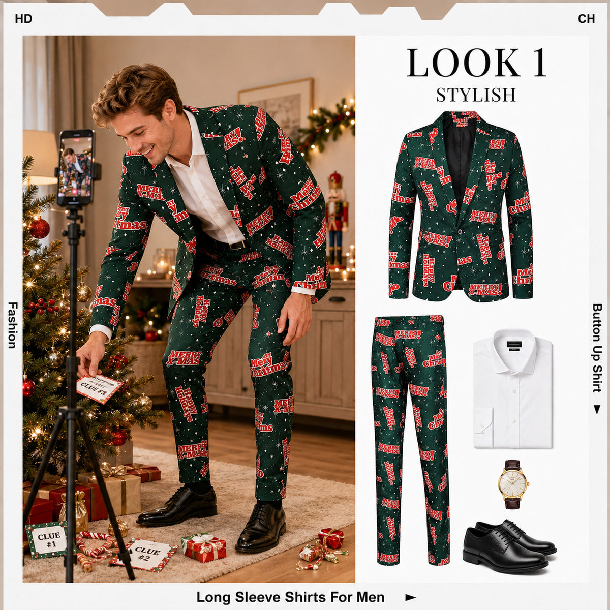 Green "Merry Xmas" Letter Print Christmas Suit