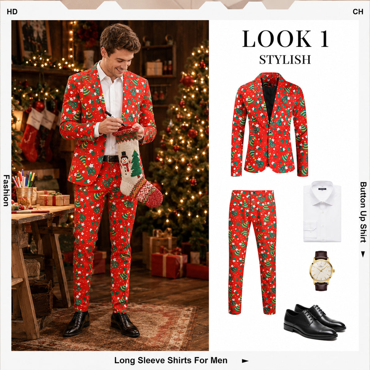 Christmas Tree & Star Patterned Red Suit