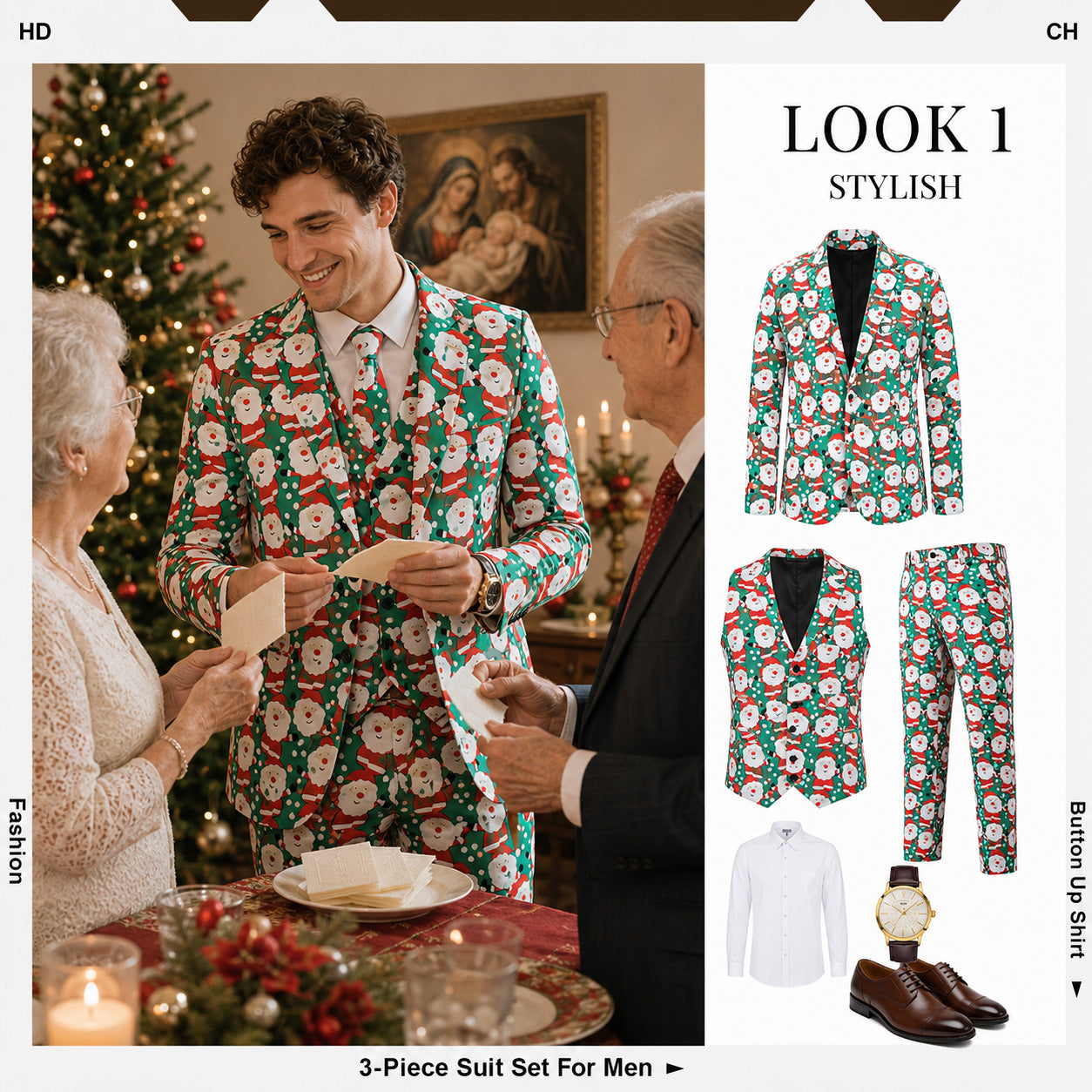 Men's 3-piece Christmas suit set lookbook featuring jacket, vest, trousers, and white shirt matching layout by WISHOLIC